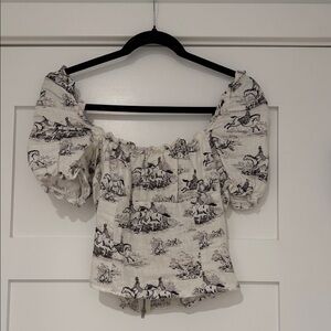 Reformation Cream and Black Puff Sleeve Horse Print Linen Blouse